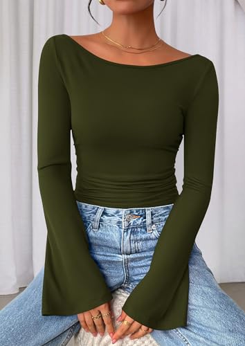 Image of PRETTYGARDEN Women Long Sleeve Shirt 2025 Crop Casual Boat Neck Bell Sleeve Ribbed Ruched Y2K Clothing