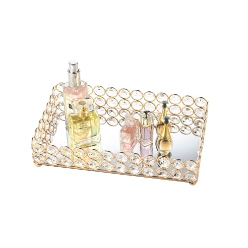 Feyarl 10 Inch Crystal Cosmetic Perfume Tray Vanity Makeup Jewelry Trinket Organizer Mirrored Decorative Tray Storage Home Deco Wedding Dresser Birthday Gift (Gold)