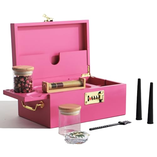 Bamboo Stash Boxes with Combination Lock, Upgraded with Metal Carrying Handle Home Decorative Storage Box, Removable Dividers,Bamboo Herb Roller,Glass Jars, Tube, 50 Themed Stickers Tray Set (Rose)