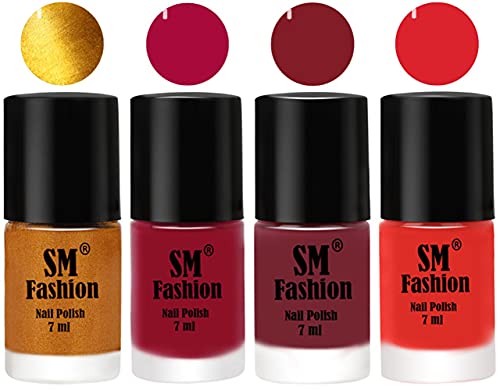 Image of Nail Polish Combo Set (Pack of 4) Quick Dry Gel Finish Nail Paint | Golden,Raspberry,Lip,Candy Orange | 7 ml Each