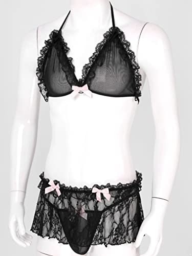renvena Men's Floral Lace Sissy Lingerie Set Cami Straps Bra Tops Sissy Pouch Panties 2 Piece Crossdresser Nightwear Halter Black 4X-Large - Image 3