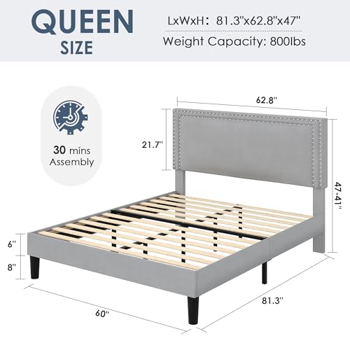 Image of VECELO Queen Size Platform Bed Frame with Height Adjustable Upholstered Headboard, Modern Mattress Foundation,Strong Wood Slat Support, No Box Spring Needed, Easy Assembly,Light Grey