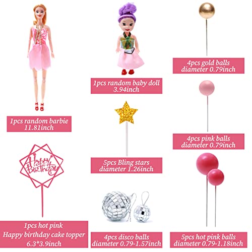 25Pcs Hot Pink Cake Topper Disco Cake Topper Girl Theme Cake Toppers With Pink Balls Stars Cake Decorations For Wedding Hot Pink Girl Theme Party Baby Shower Birthday Party #TOP1