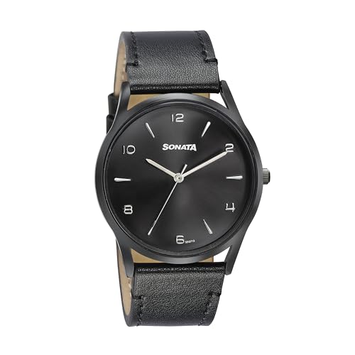 Image of Sonata Quartz Analog Black Dial Black Leather Strap Watch for Men