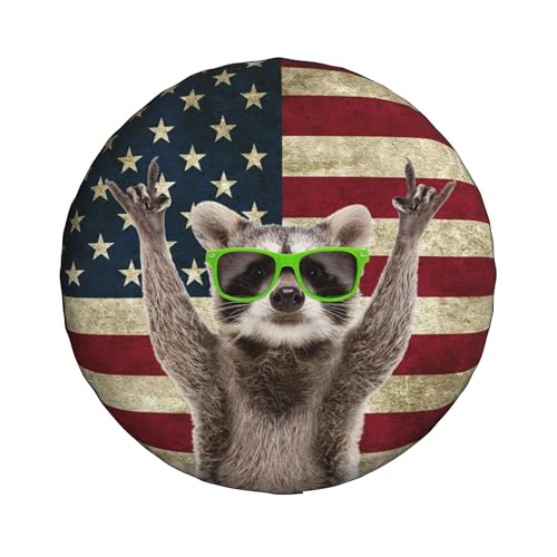 Image of Spare Tire Cover for RV Camper Funny Cute Raccoon American Flag, Weatherproof Universal Wheel Cover for RV Travel Trailer Camper Truck 16inch