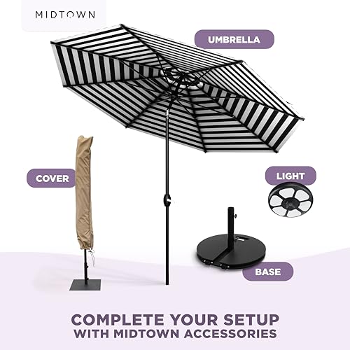Image of Midtown Umbrellas - The Lean 9 Ft Patio Umbrella with 10-Year-No-Fade Acrylast Acrylic Fabric, Auto-Tilt and 8 Reinforced Ribs for Deck, Pool, Garden, Hotel & Cafes - Urban Stripes Canopy, Black Pole