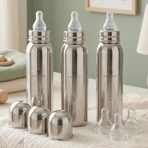 Image of StarAndDaisy Baby Milk Bottle for new Born /Infant /Toddler Pack of 3-300 ML SUS 304 Steel Baby Feeding Bottle for 0+ Months, BPA Free Leakproof, Anti Colic, Easy to Clean & Extra Nipple (300 ML)