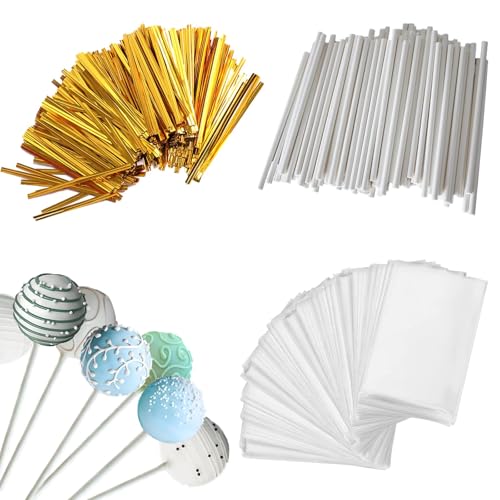 Eiahonen 300 PCS Cake Pop Sticks and Wrappers Kit Including 100ct 6-inch Cake Pop Paper Lollipop Sticks, 100ct Clear Candy Treat Bags, 100ct Gold Twist Ties for Cake Pops, Lollipops, Candy, Chocolate