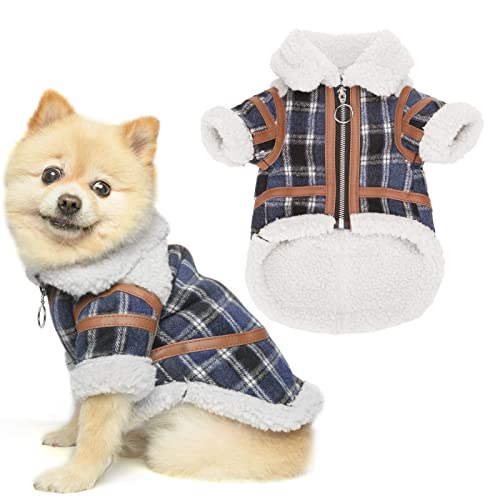 KOOLTAIL-Small-Dog-Winter-Coat-Dog-Fleece-Jacket-with-Leather-Soft-Warm-Cold-Weather-Dog-Clothes-for-Small-Dog-Girls-and-Boys-Plaid-Windproof-Puppy-Coat-Pet-Apparel-for-Medium-Dogs-Blue-S