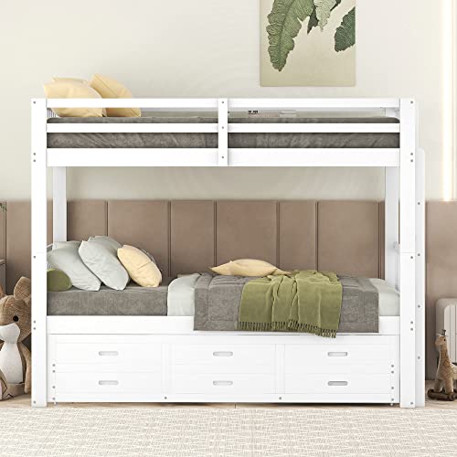 REXO Litera de 90 x 200 cm para Niños y Niñas, Estructura de Madera de Pino y MDF Con Escalera, Cama Extraíble y 3 Cajones (Blanco)
