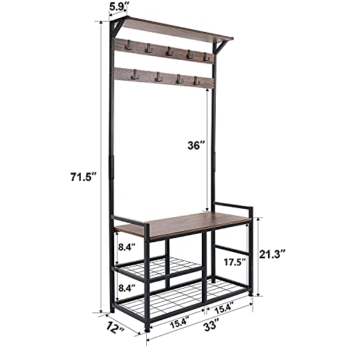Homekoko Coat Rack Shoe Bench, Hall Tree Entryway Bench With Storage, Wood Look Accent Furniture With Metal Frame, 3-In-1 Design (Dark Brown) #TOP2