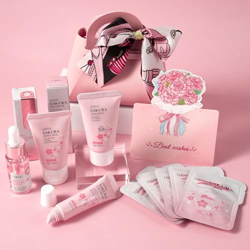 LAIKOU Sakura Skincare Set 9Pcs Face Hydrating Kit with Serum Moisturiser Eye Cream Sunscreen SPF50 Mud Mask Greeting Cards & Gift Bag Christmas Birthday Pamper Gifts for Women Teenage Girl