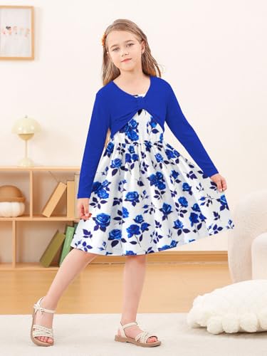 Girl's 2 Piece Outfit Printed Cami Dress with Long Sleeve Bow Crop Cardigan Set for 5-12 Years2