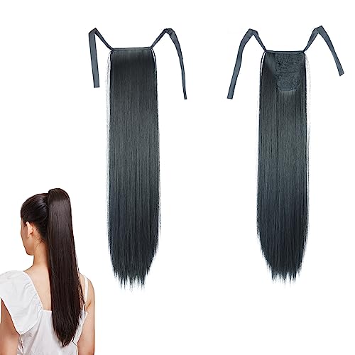 prinfantasy Halo Hair Extension Straight Long Wrap Around Ponytail Synthetic Hair Piece Tie Pre Stretched Hairpiece for Women Girls Black Wig 22In,GBMW032