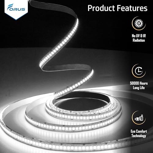 Image of Forus 5 Meter (5M) 10MM Cool White LED Strip Light, 240 LEDs /M Plug & Play Flexible Lighting for Home Decor, False Ceiling, Pooja Room, Living Room, Kitchen, Mirror, Stairs, 2-Year Warranty