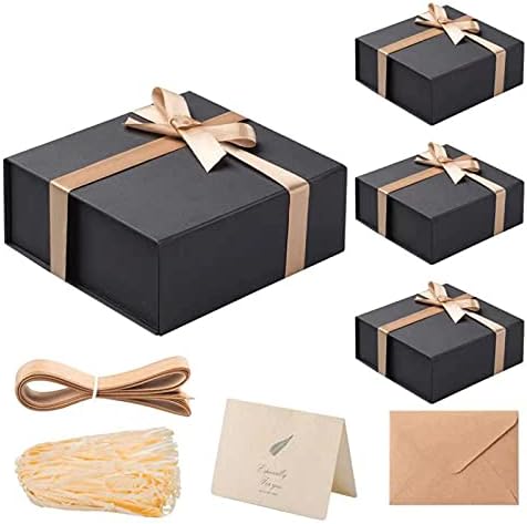 LIFELUM Gift Boxes 4 Pack 8 x 7 x 3 Black Gift Boxes for Presents Groomsmen Boxes with Magnetic Collapsible Lids Contains Card, Ribbon, Shredded Paper Filler Gift Box for Gift Packaging