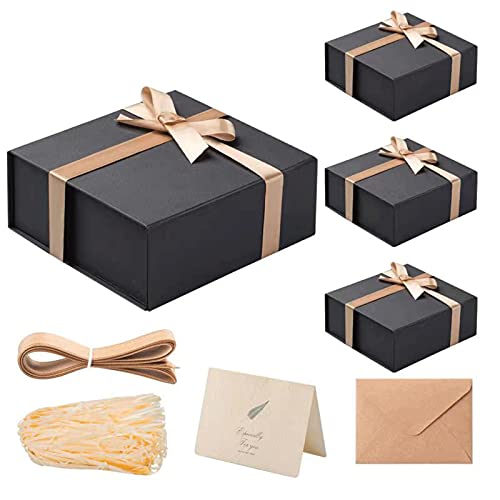 Image of LIFELUM Gift Boxes 4 Pack 8 x 7 x 3 Black Gift Boxes for Presents Groomsmen Boxes with Magnetic Collapsible Lids Contains Card, Ribbon, Shredded Paper Filler Gift Box for Gift Packaging