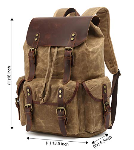 Image of HuaChen Waxed Canvas & Leather Backpack for Men Women,Vintage Travel Rucksack,Large Daypack Casual Hiking Bag - M80 Khaki
