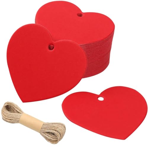 Etiqueta de regalo, 100 paquetes de papel Kraft rojo con forma de corazón para boda, San Valentín, decoración de fiesta con 20 metros, cuerda roja