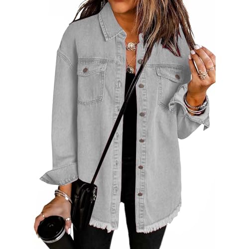 Image of YGERGWE Light Jacket Women, Oversized Lightweight Jean Jacket Casual Button-Down Shacket, Ladies Long Sleeve Jean Shirt Top for Spring Autumn