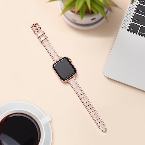 Image of STIROLL Slim Leather Bands Compatible with Apple Watch Band 38mm 40mm 41mm 42mm(Series 11 10), Top Grain Leather Watch Thin Wristband for iWatch SE 9 8 7 6 5 4 3 2 1 (Rose Gold)
