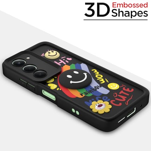 Image of Pikkme Back Cover for Redmi 15 5G | Soft Silicone| Cute Rainbow Smile & 3D Cartoon Flower Design | Shockproof Raised Camera Protection Bumper Case (Black)