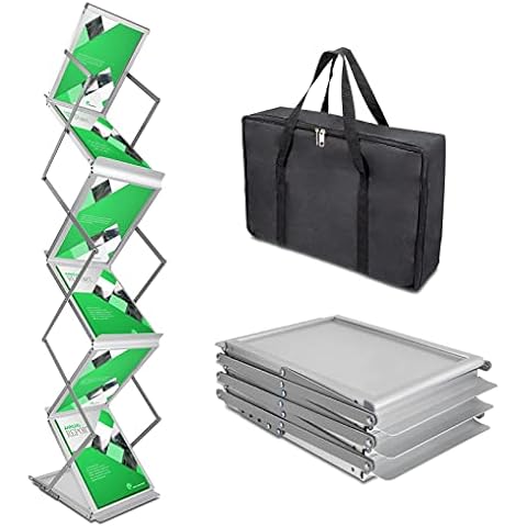 PUJIANG 6 Pockets Collapsible Literature Rack for Trade Shows, Metal Floor Standing Literature Stand Catalog Rack Brochure Rack Flyer Holder Pamphlet Holder with Carry Case Cover
