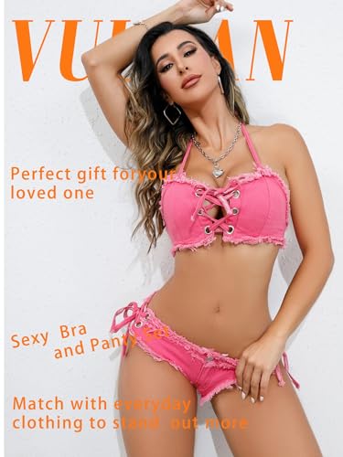 VUUEAN Women's Bikini Denim Lingerie Set with Strappy Bra and Hot Shorts2