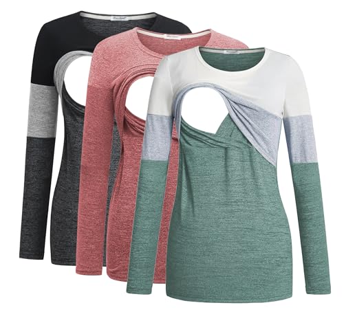 Image of Bearsland Women's 3 Packs Maternity Clothes Long Sleeves Breastfeeding Shirts Nursing Top