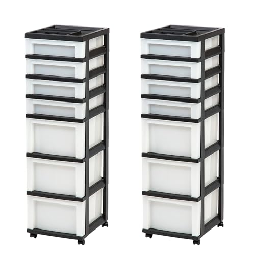 Image of IRIS USA 2 Pack 7-Drawer Plastic Storage Rolling Organizer Cart with Caster Wheels for Laundry Room, Bathroom, or Closet Dresser Storage, Black /Clear