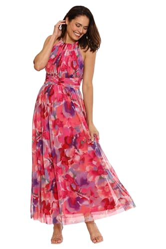 Image of London Times Women's London Times Mesh Halter Maxi Dress with Ruched Waistband Flowy Bohemian Beach Dresses