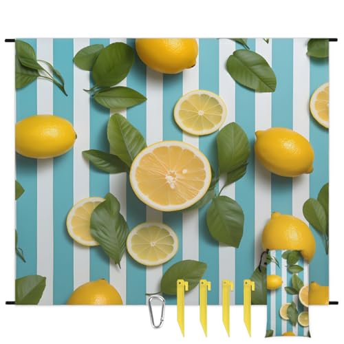 Eabrults Waterproof Sandproof Beach Blanket, 59''×68'' Sour Fruit Slices Polyester Outdoor Picnic Blanket with 4 Stakes & Storage Bag for Beach,Camping,Vacation Green Stripe