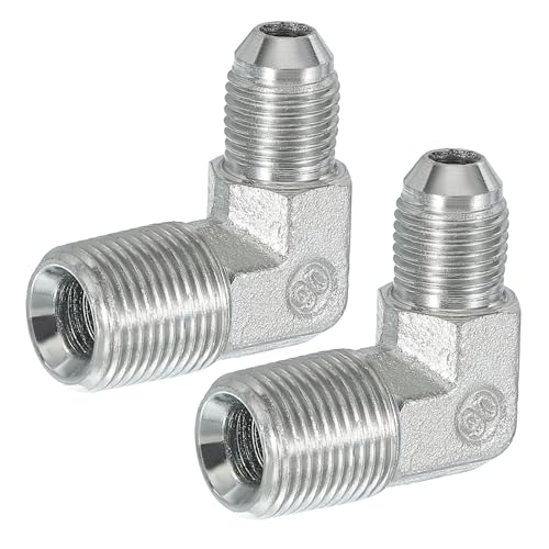 Image of PATIKIL 90 Degree Pipe Adapter, 2 Pcs 1 /2 inch Male 37 Flare JIC x 3 /8 inch BSPT Male Connector Carbon Steel Elbow Fitting for Air Hydraulic Fluid Fuel Water Oil, Silver