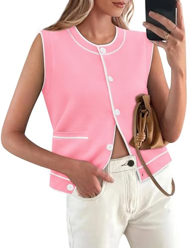 Image of Yousify Womens Knit Tank Tops 2025 Summer Sleeveless Sweater Vest Round Neck Button Down Casual Cardigan with Pockets
