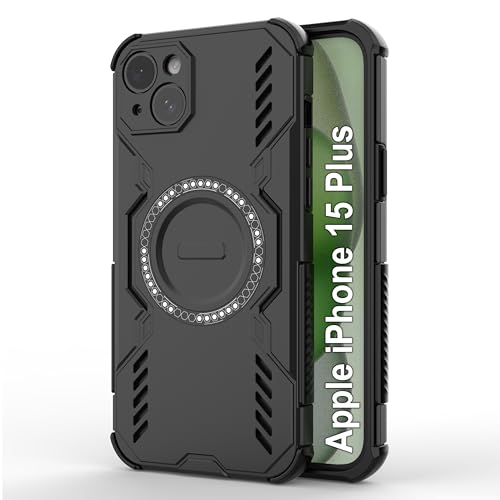 Image of amazon basics Back Case Cover for iPhone 15 Plus | Magnetic Case with Built-in Metal Ring | Supports Mag-Safe Charger, Wallet & Car Mount | Shockproof Hybrid PC + TPU | Black