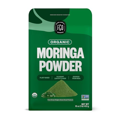 FGO Organic Moringa Oleifera Leaf Powder, 16oz Bulk Resealable Pouch, Sourced from India, Non-GMO, Packaging May Vary (Pack of 1)