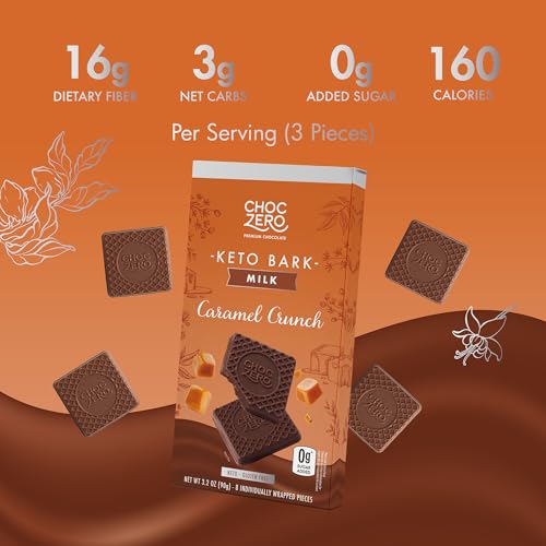 ChocZero Milk Chocolate Caramel Crunch Bark, No Added Sugar, Low Carb, High Fiber, Keto Friendly, No Sugar Alcohols (4 Count, 3.2oz Boxes)