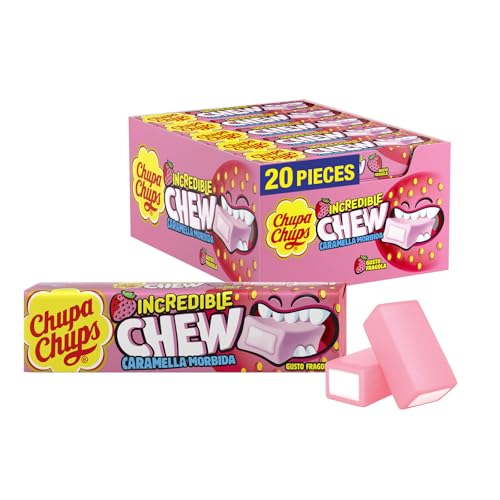 Chupa Chups Incredible Chew Strawberry, Gusto Fragola, Caramelle Morbide, Confezione Da 20 Stick, Incredibile Esplosione Di Gusto