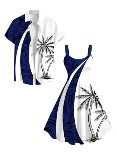 Image of ROSE GAL Matchable Couple Hawaiian Coconut Tree Print Shirt or Plus Size Knee Length Fit and Flare Tank Dress