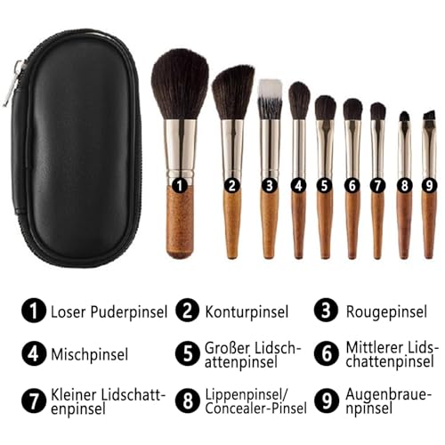 Make up Pinsel Set 9 Stück Reise Make up Pinsel Set Tragbar Schminkpinsel Profi Kosmetikpinsel mit PU Tasche und Puderquaste Lidschatten Pinselset Gesicht und Auge Kosmetikpinsel Holzgriff