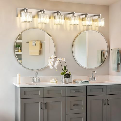 Image of Aipsun Brushed Nickel Bathroom Light Fixtures 6 Light Vanity Lighting Fixture Crystal Modern Bathroom Vanity Light (Exclude Bulb)
