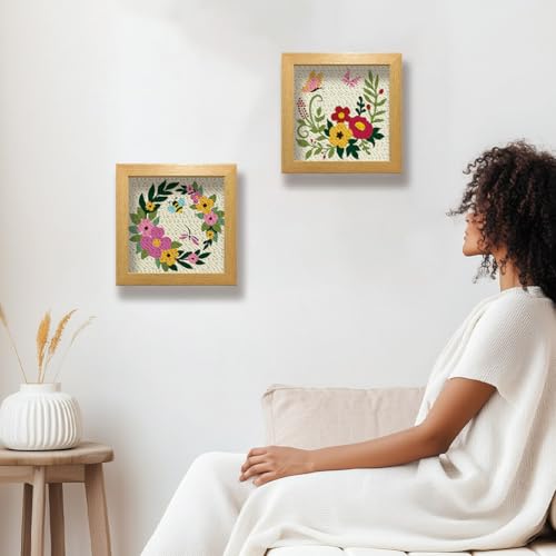 Image of BEUNITONE 2 Sets Flower Punch Needle Kits Butterfly Beginner Punch Embroidery Kits with Frame Embroidery Starter Kits Punch Stitching Kit with Instruction for Wall Hanging Painting 9.4'' x 9.4''
