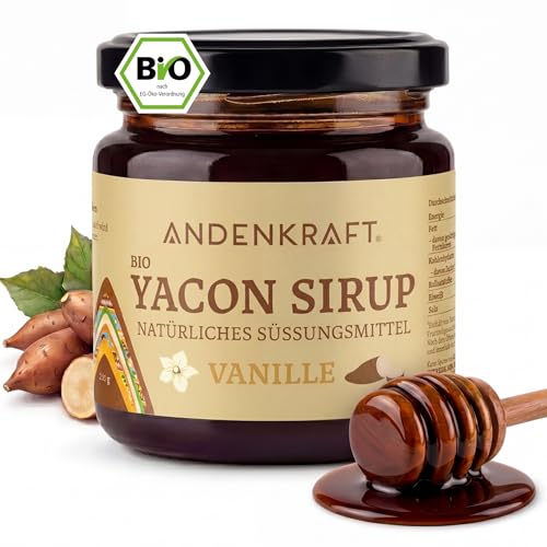 Andenkraft Bio Yacon Sirup Vanille - Mit echter Bourbon Vanille Bis zu 70% weniger Zucker Ballaststoffreich & veganer Zuckerersatz natürlicher Zuckeralternative Sirup in Rohkostqualität