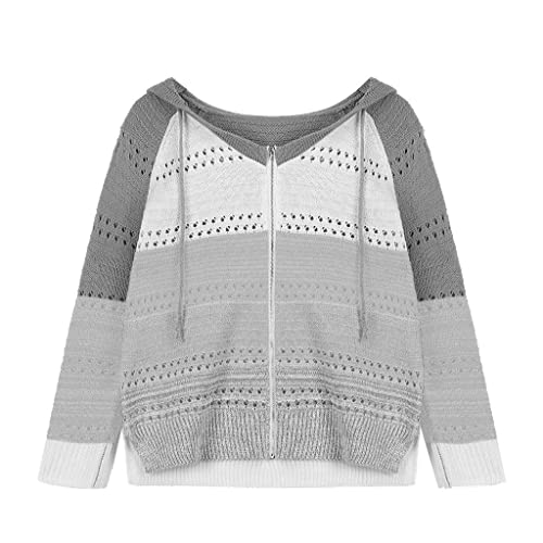 Sweaters for Women Color Block Crochet Sweater Zip Up Hooded Cardigan Lightweight Drawstring Tops with Hood4