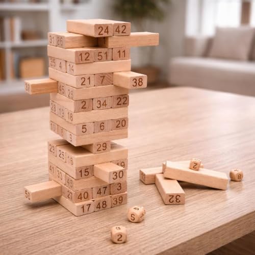 Image of MiniExplorer Toys & Games Wooden 54 pcs Tumbling Tower Party Game for Kids and Adults, Wooden Blocks with Dices Game|Indoor Stacking Puzzles Blocks for Families, Fun Balancing Toy for Boys & Girls