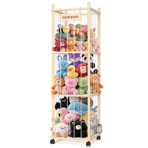 Stuffed Animal Storage: Wood Stuffed Animal Zoo, Stuffed Animal Holder with Mesh Net, Plush Toy Organizer Tube with Brake Wheels, Space Save Stuffed Animal Cage for Kids Room Playroom Nursery Bedroom