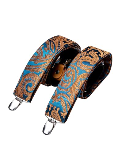 Image of Barry.Wang Men Suspender Set with Necktie Elastic Y Type Heavy Duty 6 Clips Braces Tie Handkerchief Cufflink Pin 6PCS