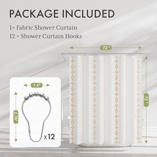 Image of AmazerBath Boho Shower Curtain, Boho Cloth Shower Curtain with 12 Hooks, Hotel Quality Washable Rustic Farmhouse Polyester Fabric Bathroom Shower Curtain Set, 72x72 Inches
