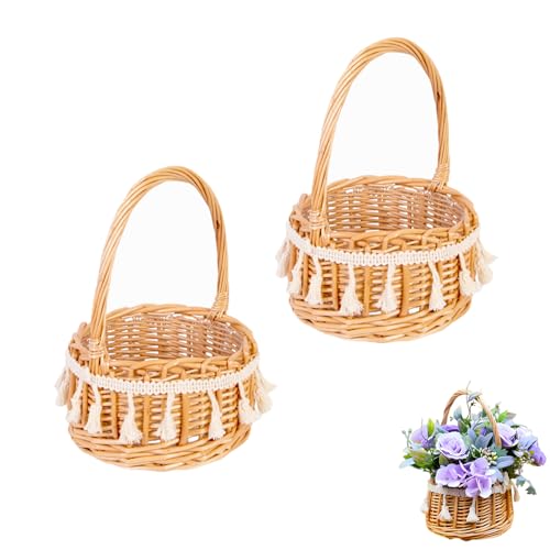 2 Piezas Cesta de Flores Tejida Con Borlas, Cesta Mimbre Pequeña, Canasta Artesanal Para Boda Decoración de Mesa, Cesta Para Flores Para La Decoración De Hogar