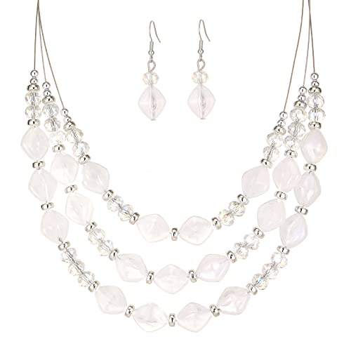 3 Layered Chunky Statement Necklace For Women Beaded Strand Necklaces With Earring Fashion Costumes Collar Necklace Jewelry Sets Gifts For Women(White) #TOP6